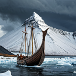 **

Prompt: "Viking longship approaching the icy shores of Iceland, dramatic sky, snow-covered mountains in the background, realistic painting style."

**
