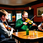 A group of diverse adults gathered in a warm, traditional Irish pub, fully clothed in modest, everyday attire. They are playing traditional Irish folk music instruments like a fiddle, bodhrán, and tin whistle, with natural, joyful expressions. The pub interior features rich dark wood, a cozy fireplace, and soft, inviting lighting, reflecting a strong sense of community and friendship. The scene is well-lit, sharp focus, professional photography style. Perfect anatomy, correct proportions, well-formed hands, proper finger count, natural body proportions. safe for work, appropriate content, fully clothed, family-friendly, modest clothing.